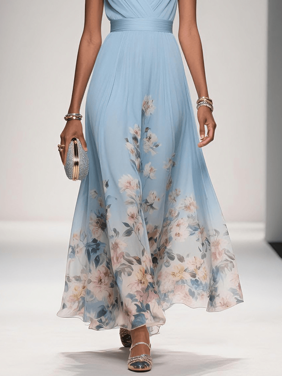 5bbb937be9ed63ca84d6a2601cda734d Light Blue Floral Chiffon V Neck Sleeveless A-Line Maxi Dress