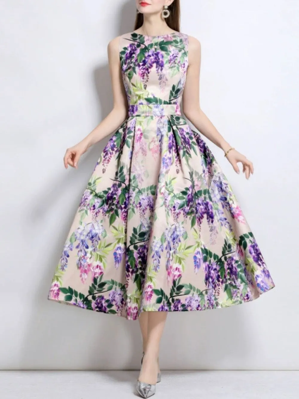 Maicy Purple Sleeveless Floral Midi Dress - OWNCI Maicy Purple Sleeveless Floral Midi Dress - OWNCI