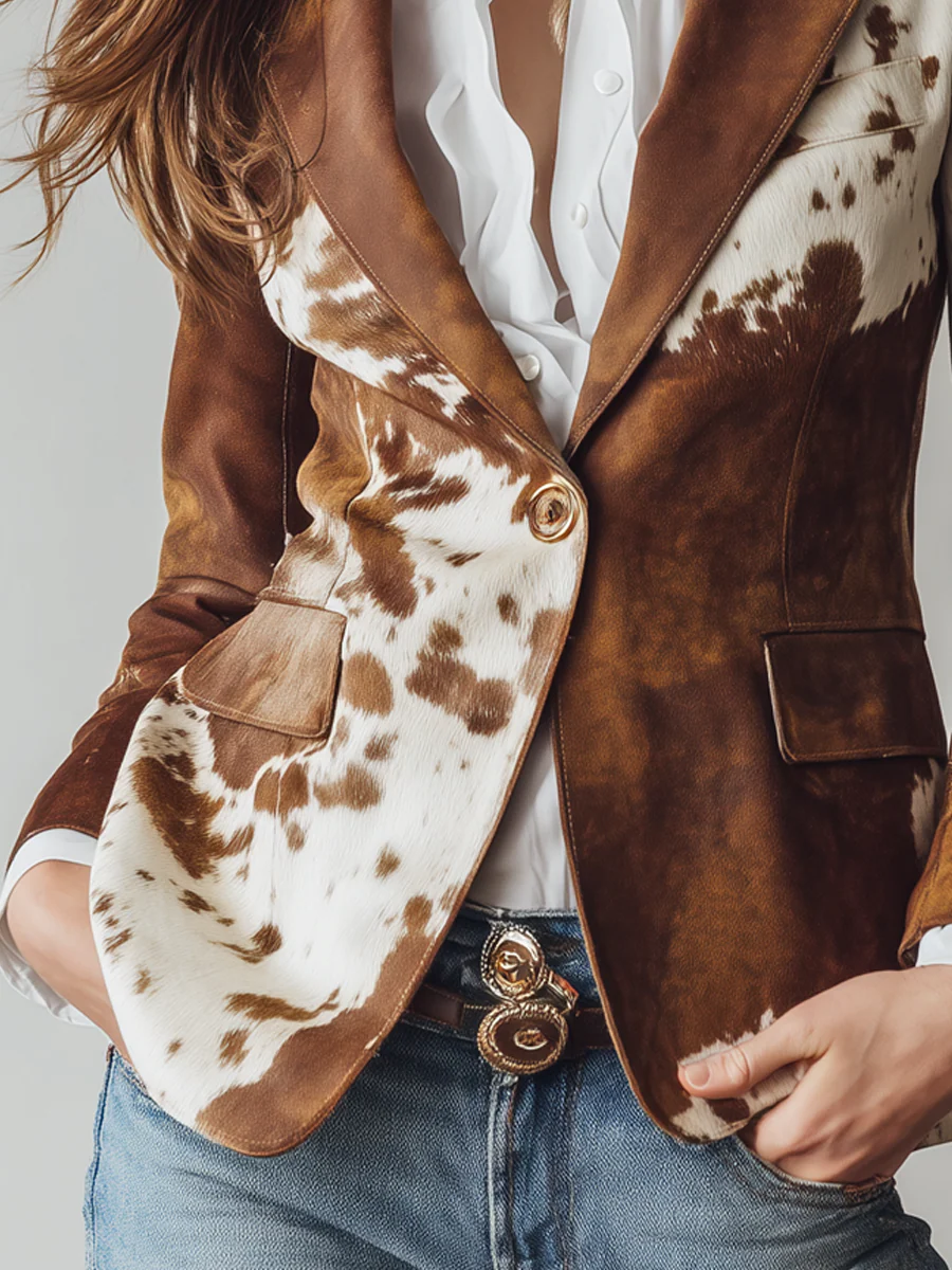 5bf9f13bc76ace02cf18277502bb4277 Retro Brown Cow Print Suit Jacket