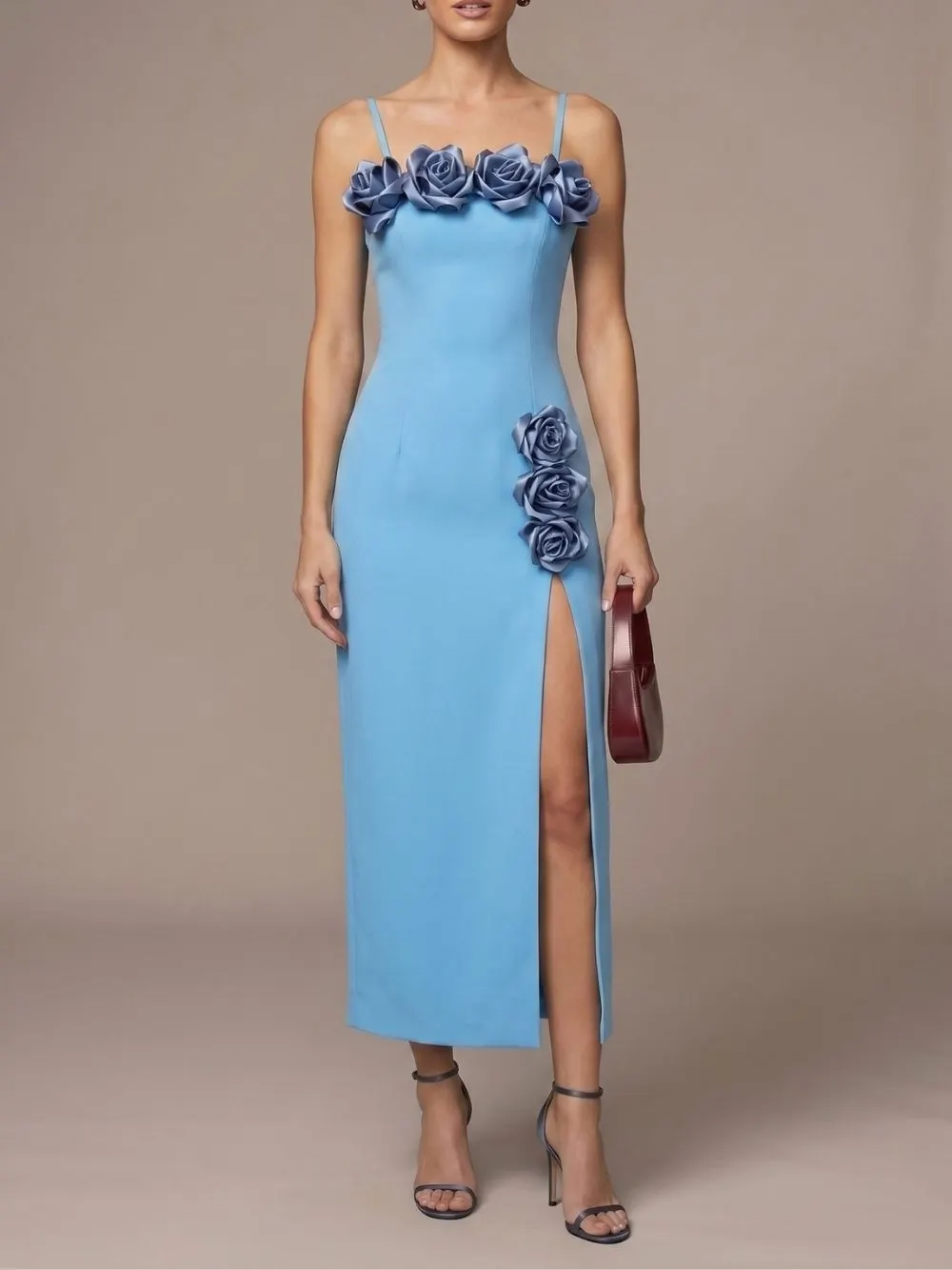 Maiara Blue Flower Embellished Midi Dress - OWNCI Maiara Blue Flower Embellished Midi Dress - OWNCI