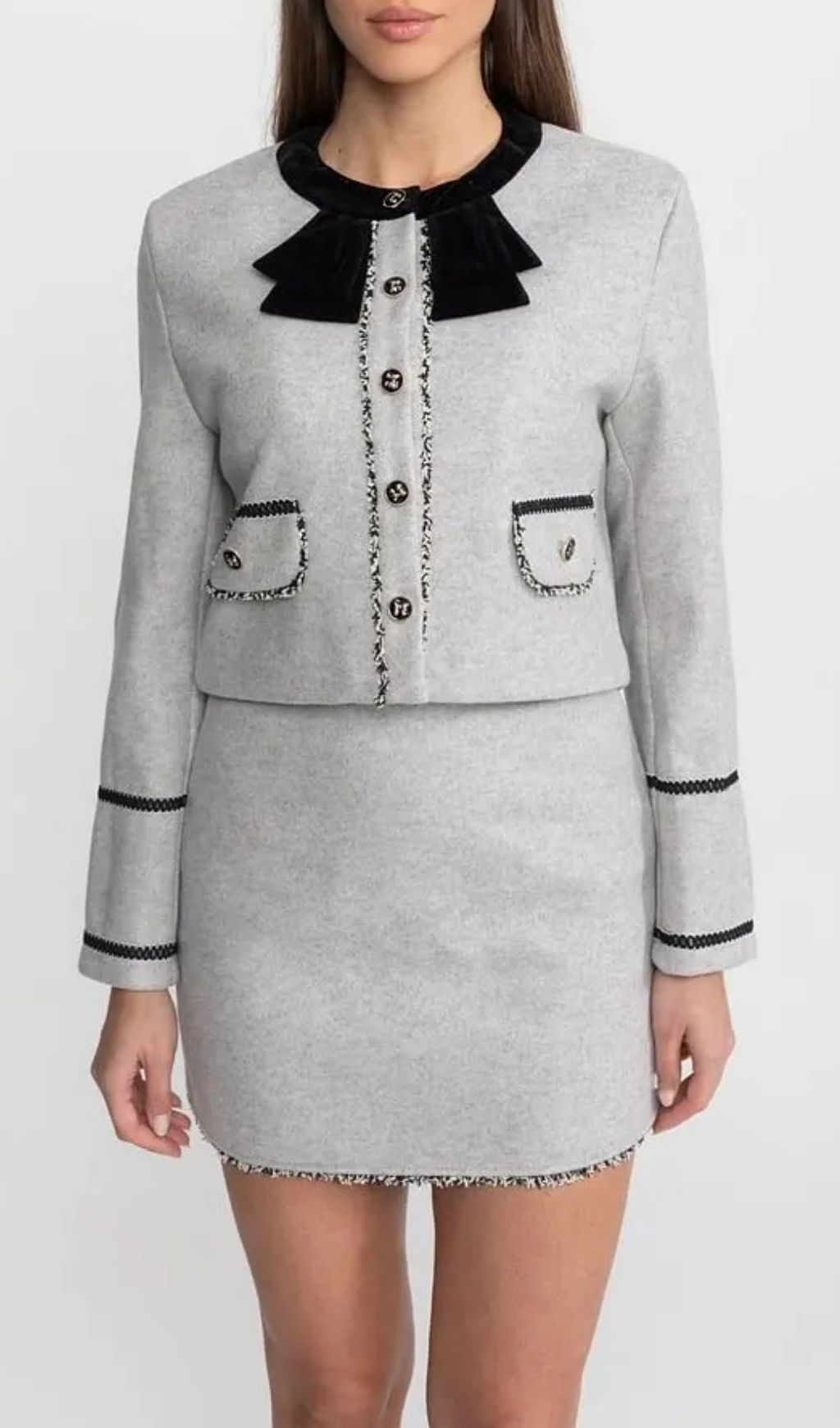 5c8dd5fcc8f9c0a4a603786a32fbc546 Amy Grey Co-Ord Set With Velvet Bow Collar Detail