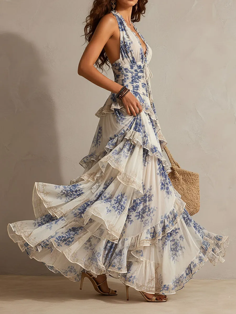 5c92c96e3d9d995b0a02fe1fb0fa0956 Romantic Vacation Blue And White Floral Print Halter Neck Ruffled Maxi Dress
