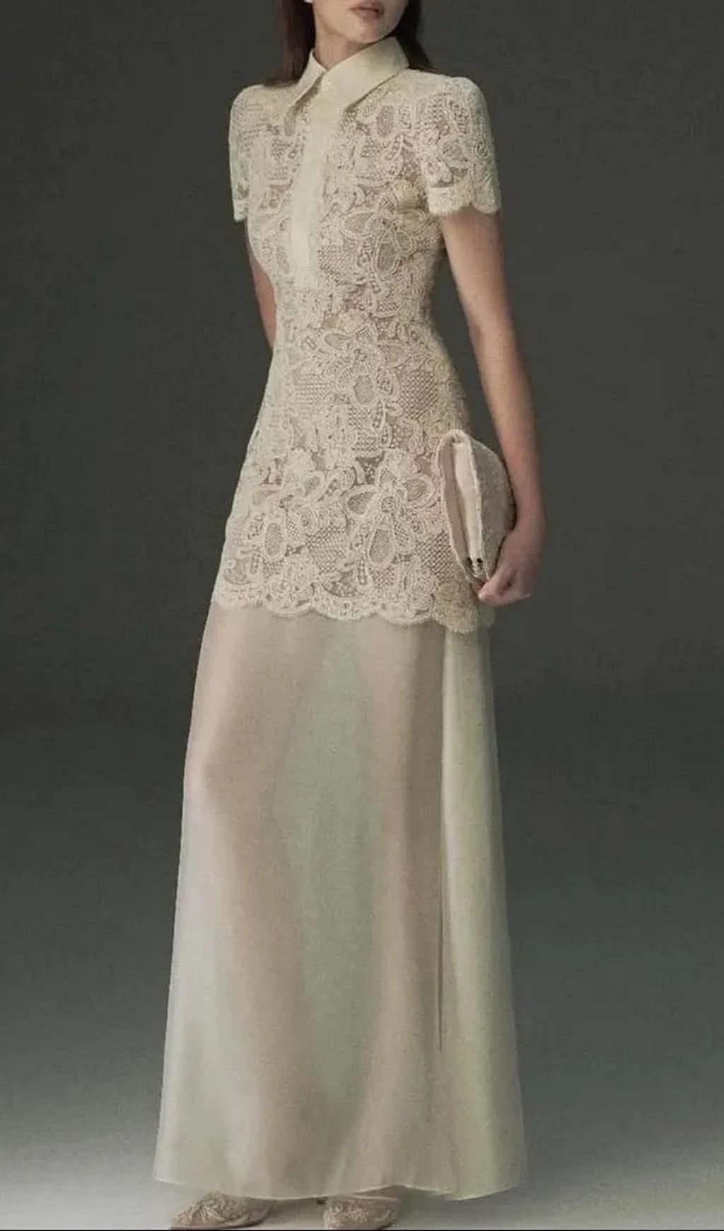 Beige Lace Overlay Collared Maxi Dress With Organza Skirt