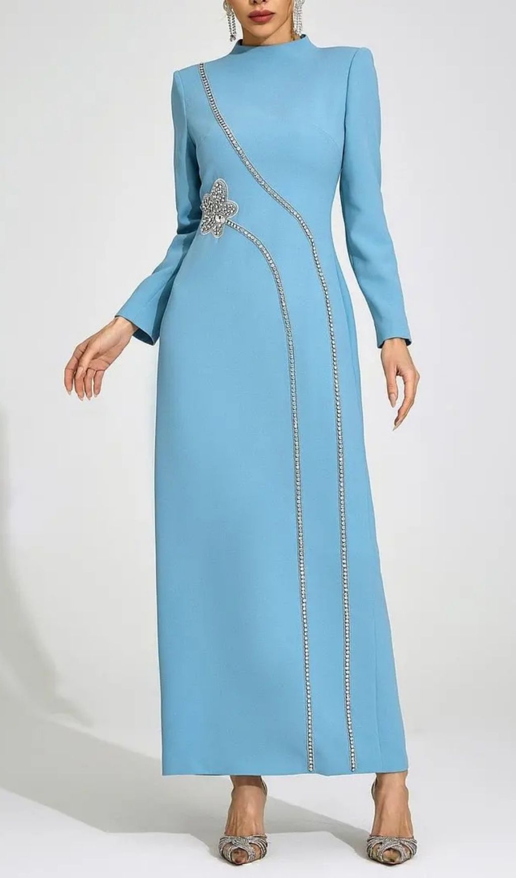 Nicola Diamond Embellished Long Sleeve Maxi Dress - Blue