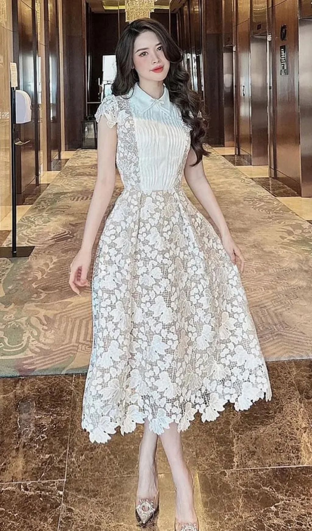 Leila White 3D Flower Embroidery Bow Lace Midi Dress