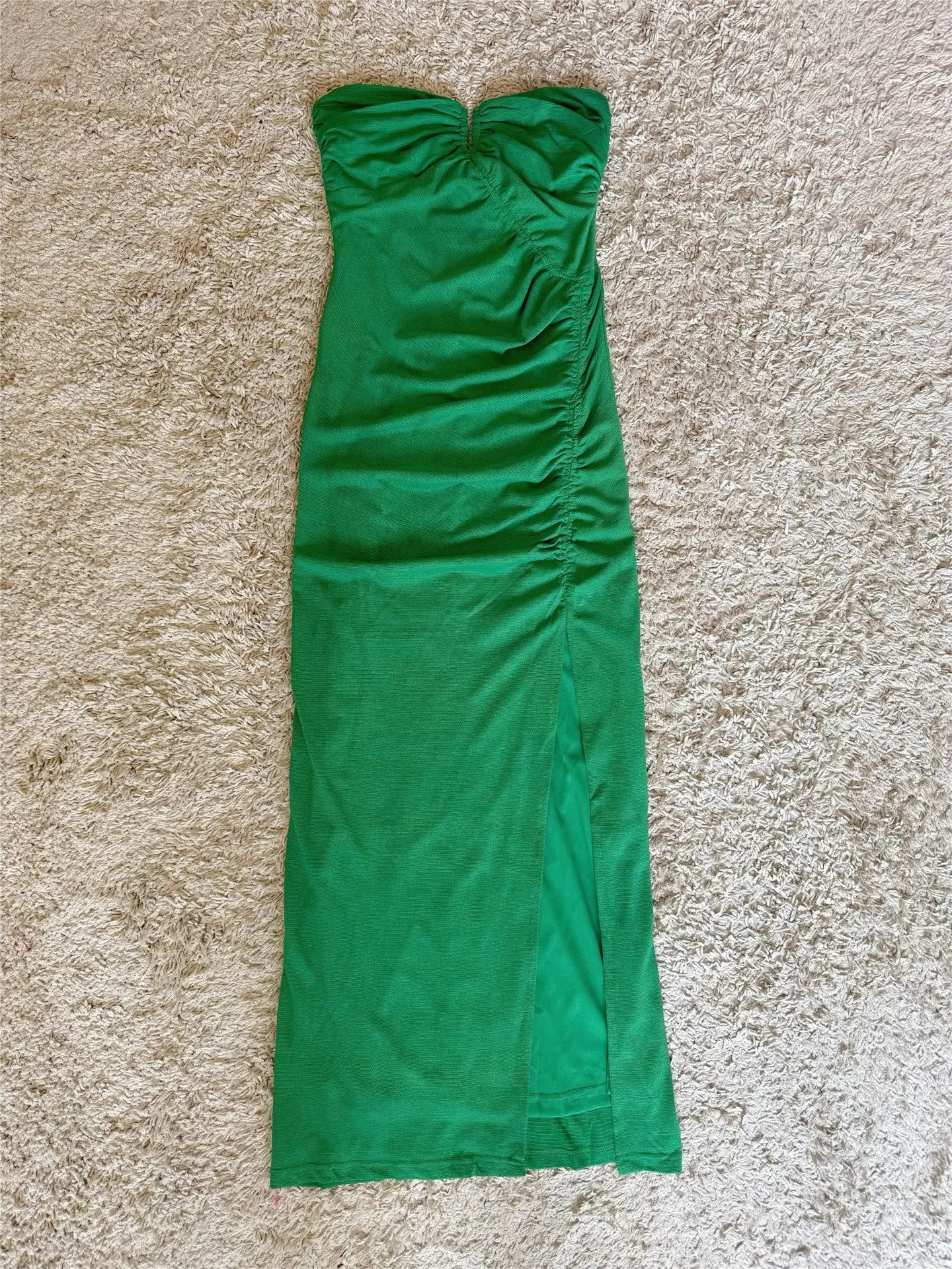 Strapless Front Keyhole Ruched Side Slit Midi Bodycon Dress
