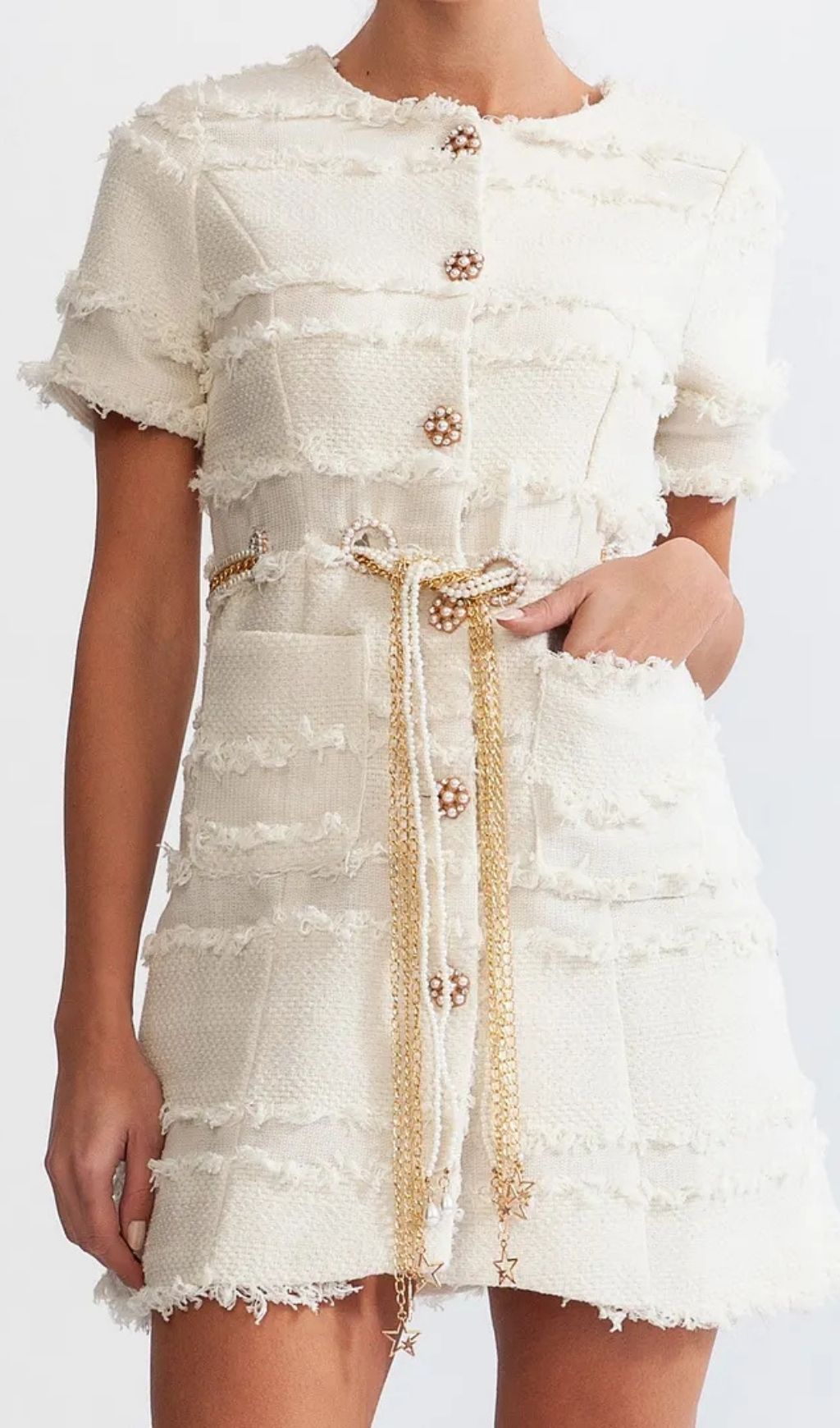5d23601d0dc1de6a34b2c07a285047f7 Marguerite Pearl Chain Tweed Mini Dress - Beige