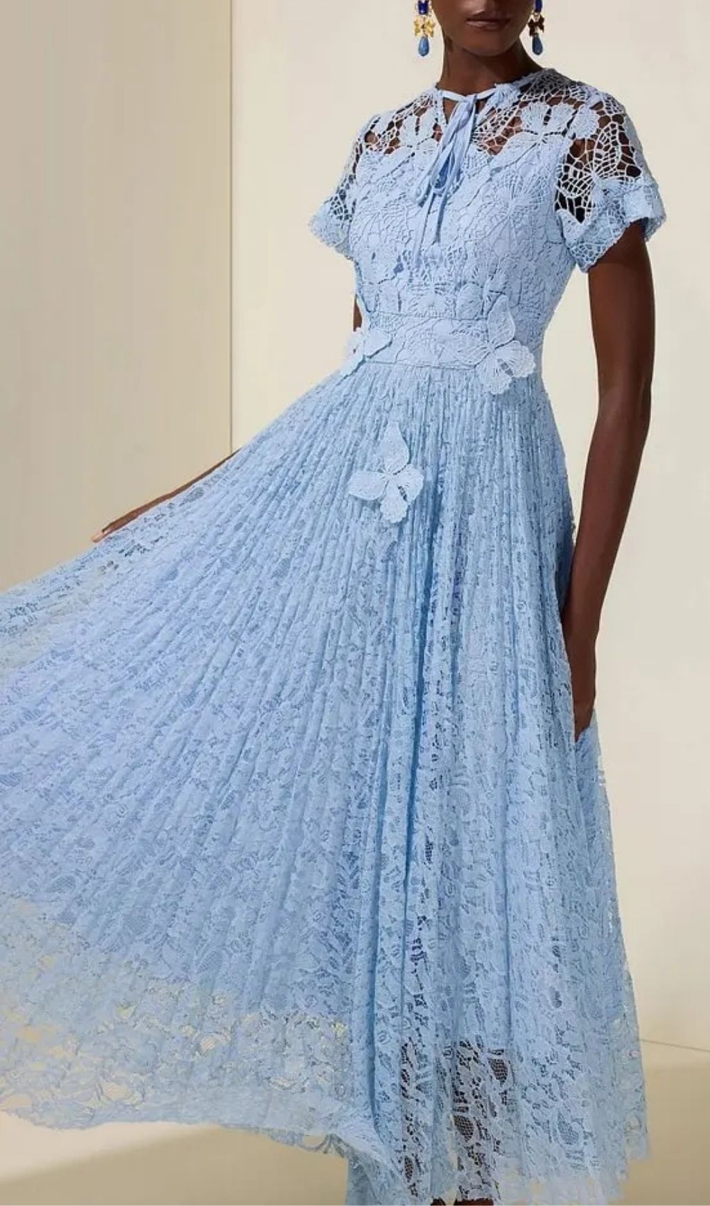 5d99fc6934bfd503e9fb9f2ecf12dbc6 Selena Lace Butterfly Pleated Midi Dress - Blue