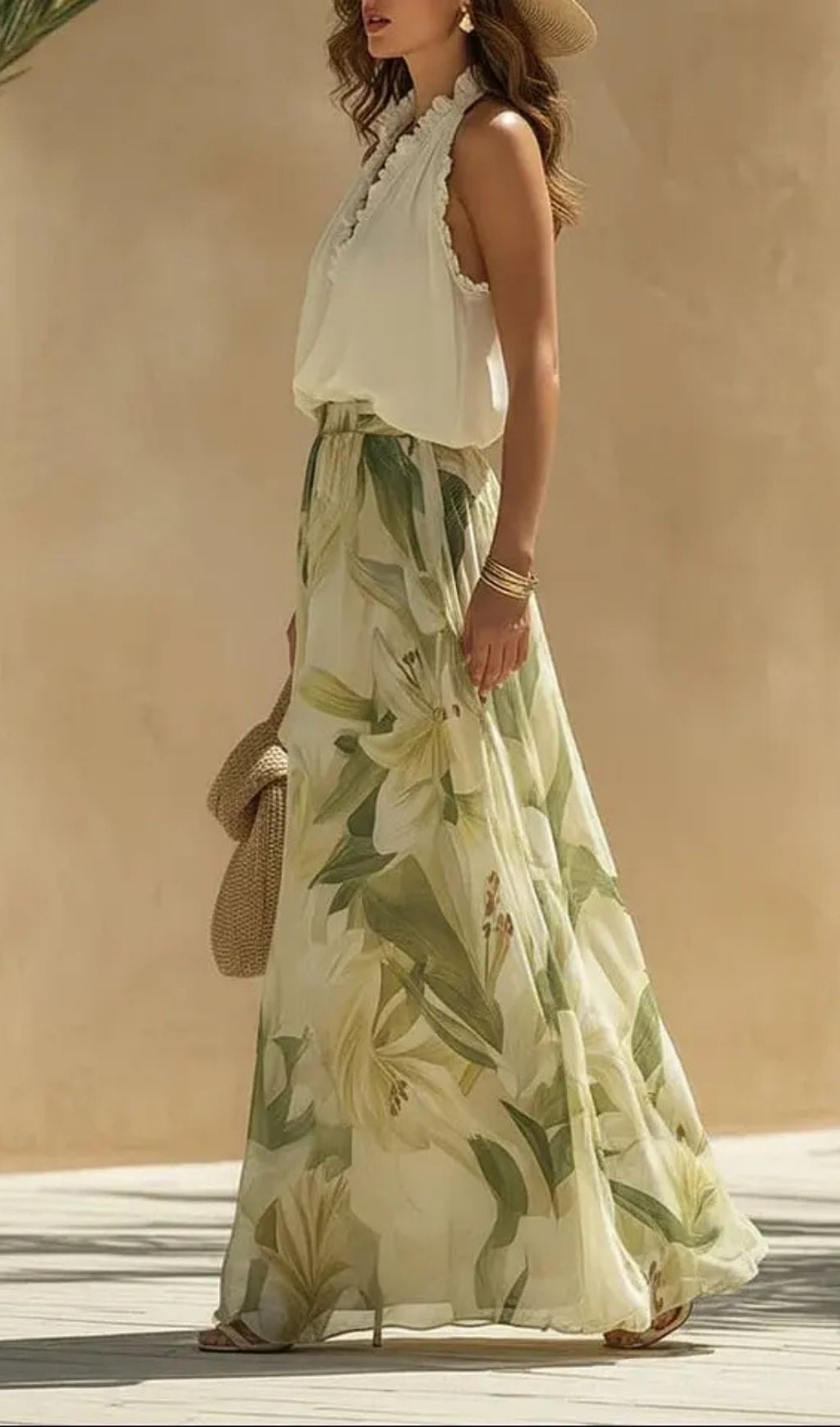 Vacation Chiffon Ruffled Sleeveless Top And Lily Print Pants Set