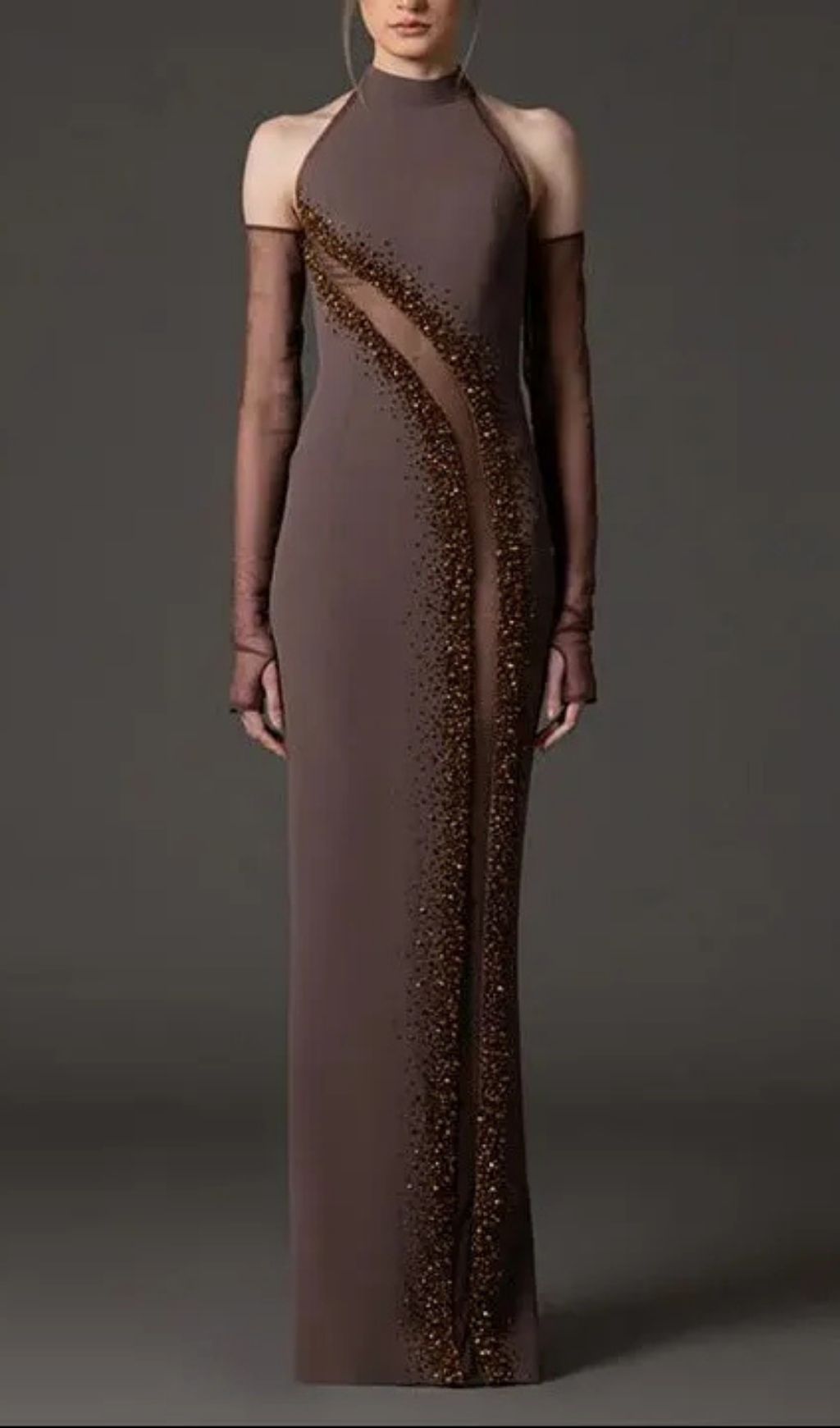 Vivien Brown Beading High Neck Maxi Dress