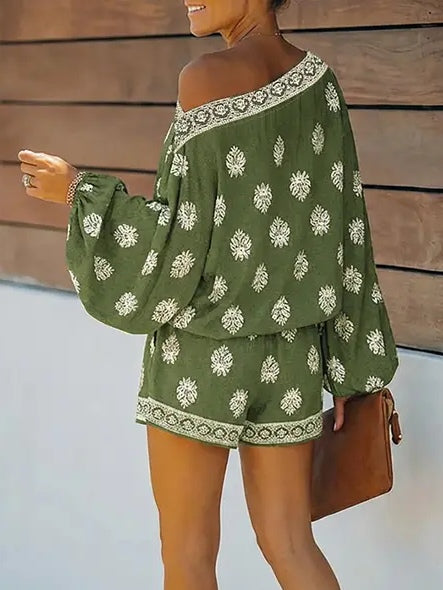 5dfa19d2c6898fe4bc98c4ff8e96cc89 Baroque Print Off-Shoulder Lantern Sleeve Shorts Jumpsuit