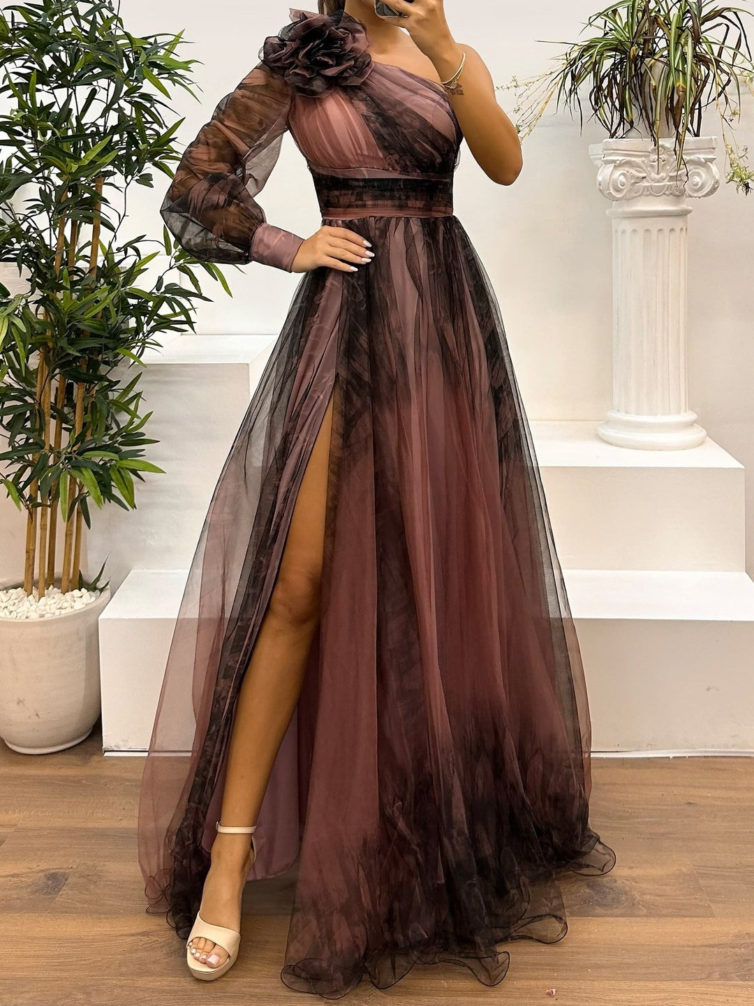 5e116d367d1e5debbf3f93b48d9f2a64 One Shoulder Mesh Abstract Gradient Print Maxi Dress