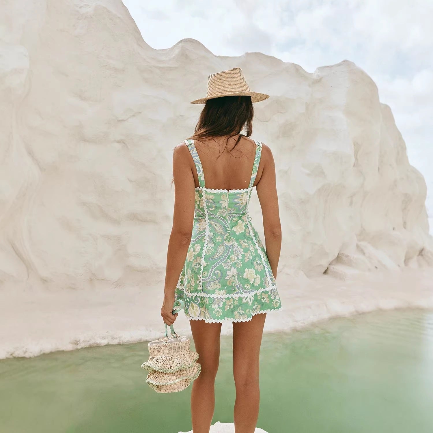 Green Linen Sleeveless Camisole Lace Dress