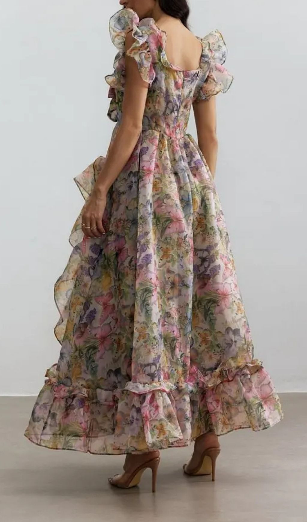 Butterfly Print Ruffle Chiffon Maxi Dress