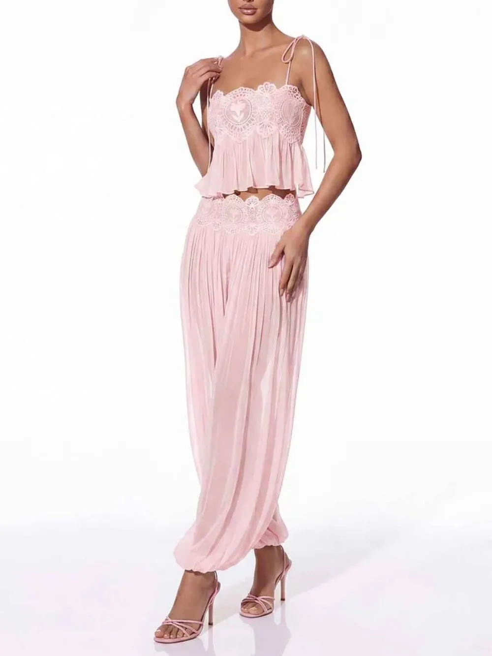 Hyquorin Spaghetti Pleated Pants Set In Pink