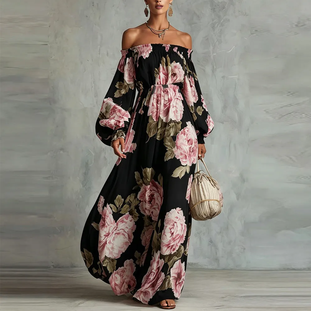 Off-Shoulder Print Lantern Sleeve Maxi Dress