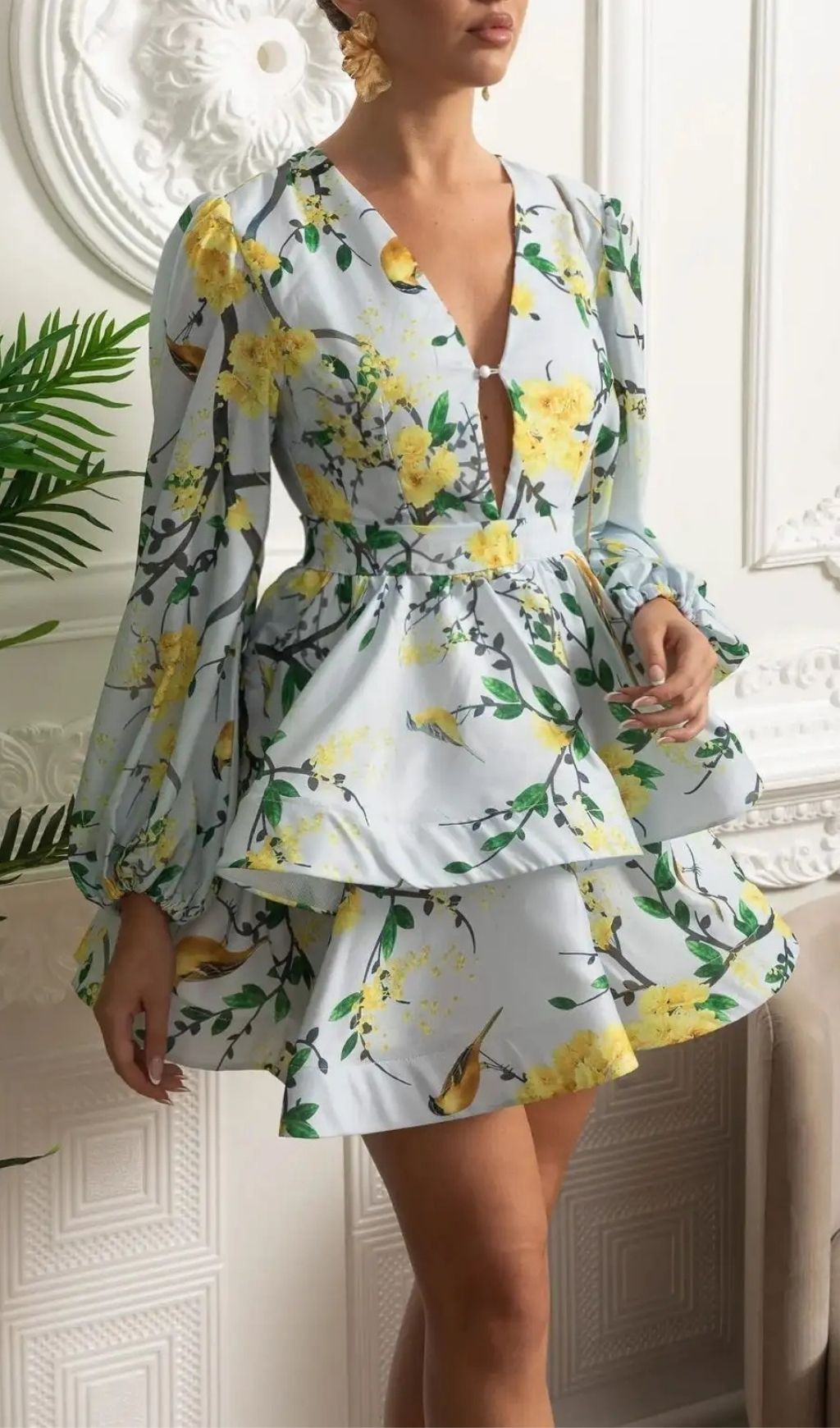 5ef67582b30167b0dfa6dac2b3ae1642 Floral Romantic Mini Dress With Voluminous Sleeves And Peplum Detail - Sky Blue