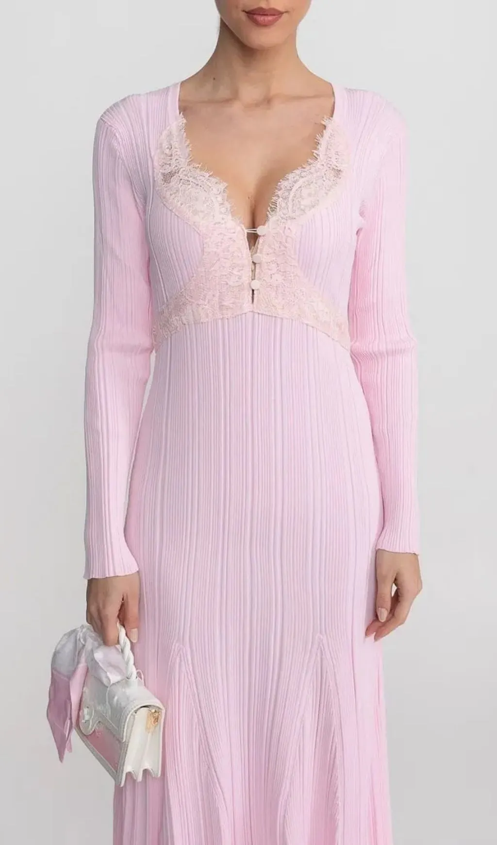 Apphia Pink Contrast Lace Knit Midi Dress