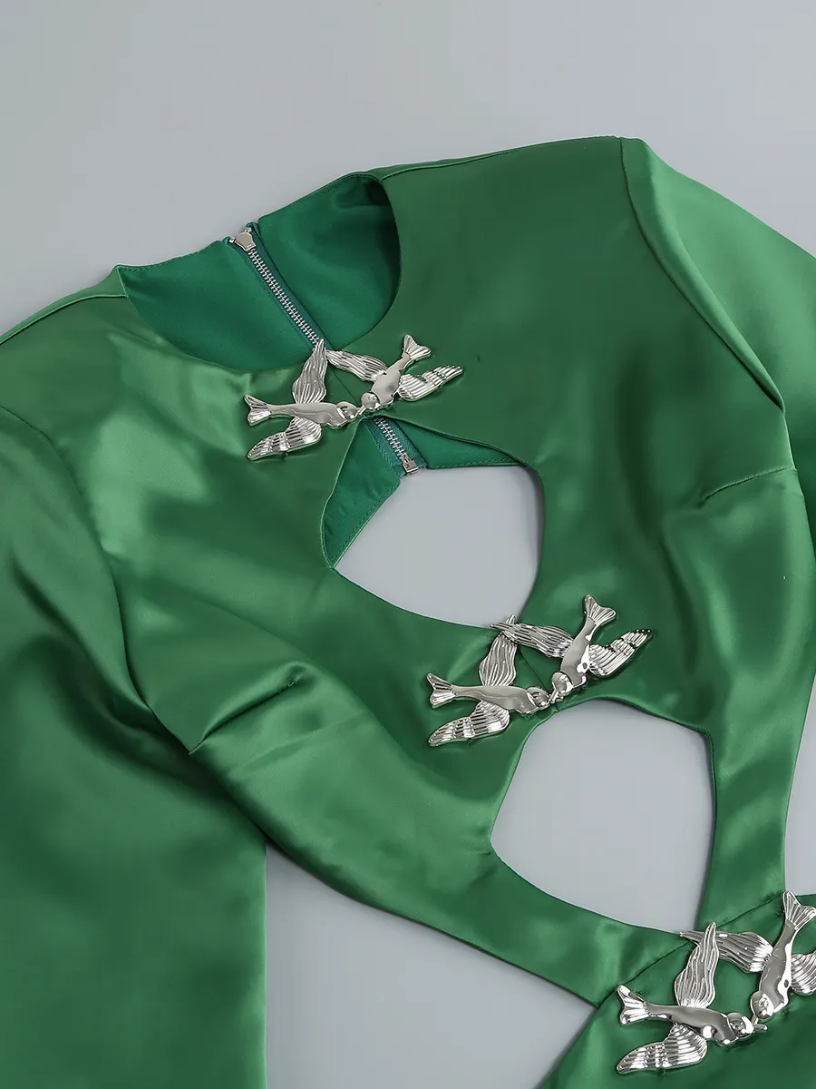 5f84e999130678edd5bb48439f5744fc Mame Green Cutout Ruched Long Sleeve Mini Dress