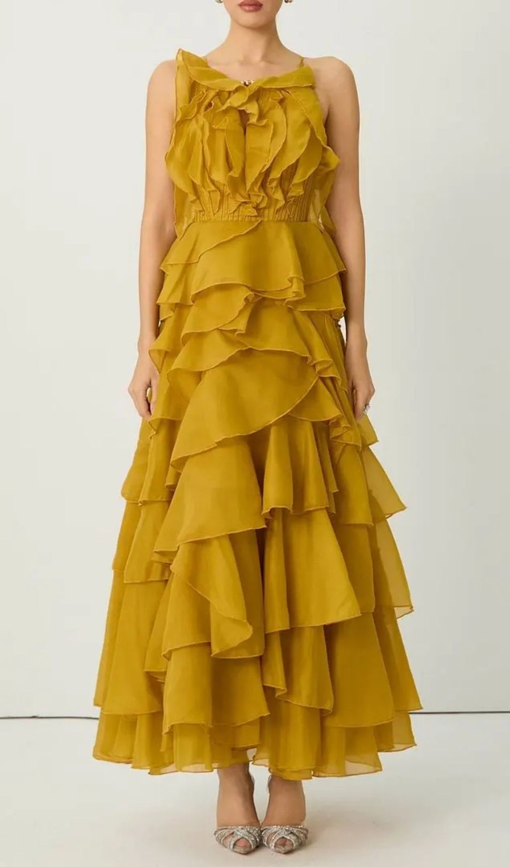 Leila Yellow Spaghetti Strap Tiered Ruffle Maxi Dress