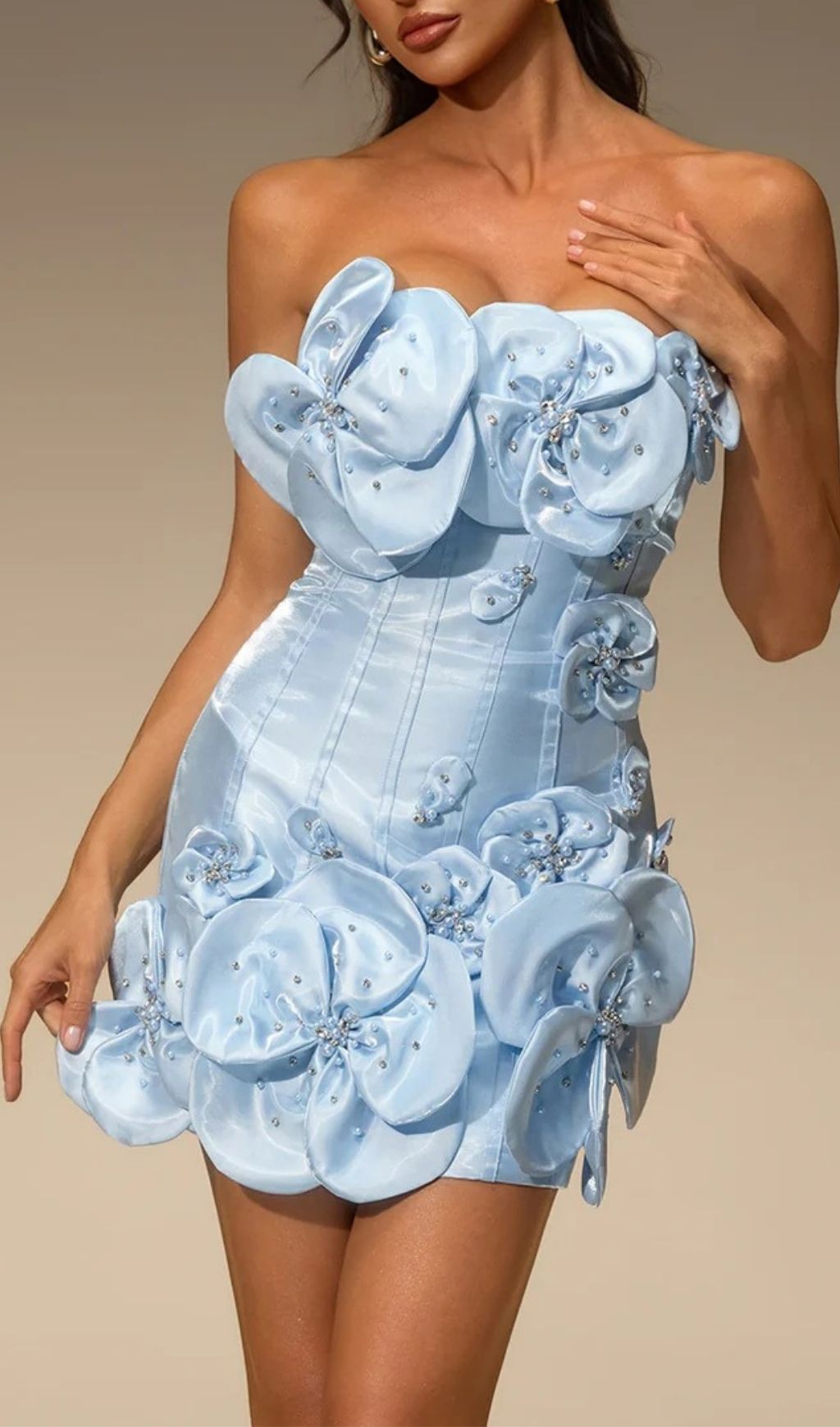 Fashionslee Women Ultharic Strapless Flower Rhinestone Mini Dress In Baby Blue