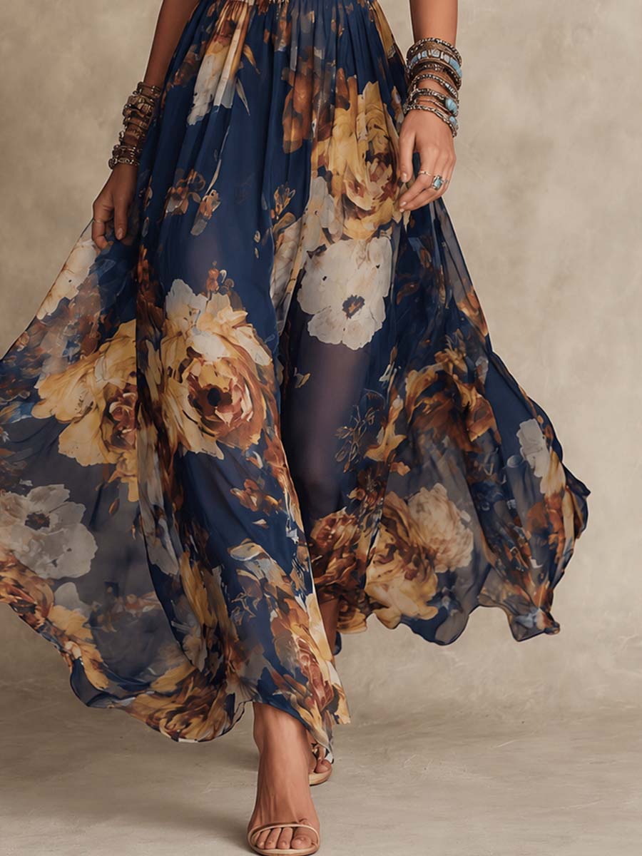 602e7484e2be63b3bfd0ef5a4b66c582 Navy Blue Chiffon Floral Print Spaghetti Strap Maxi Dress