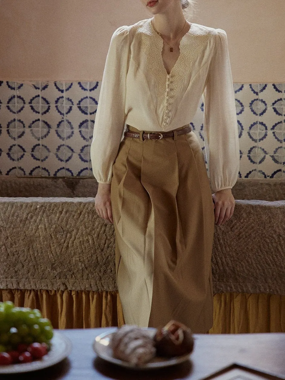 Apricot Embroidered V-Neck French Vintage Chic Shirt