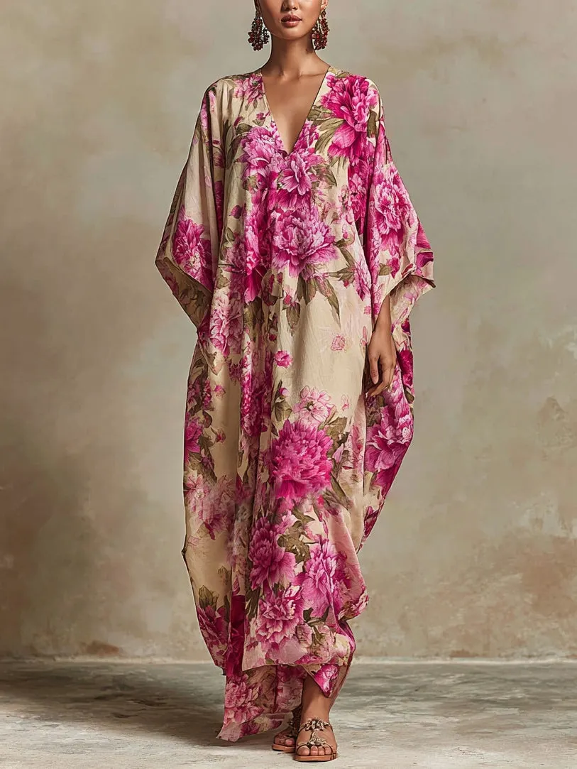 Floral Art Resort V-neck Batwing Sleeve Kaftan Maxi Dress