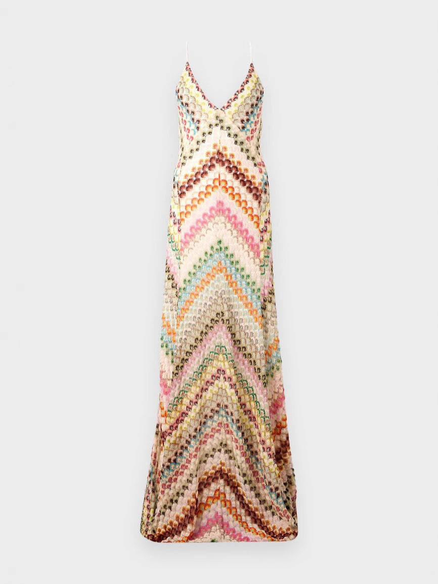 Chevron Rainbow Crochet Cross-Back Spaghetti Strap Maxi Dress - OWNCI Chevron Rainbow Crochet Cross-Back Spaghetti Strap Maxi Dress - OWNCI
