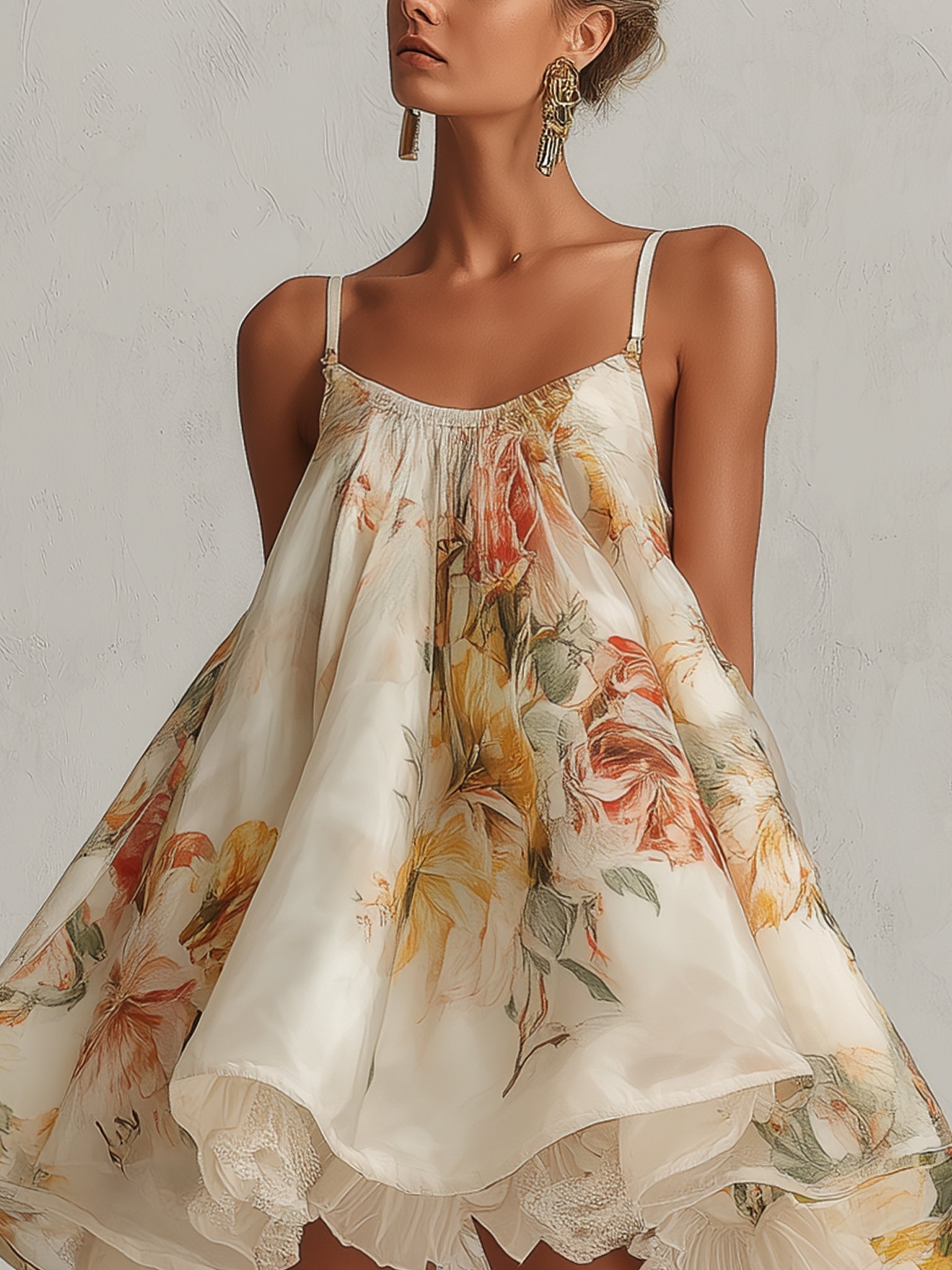 614a60e083dbb0dc69a8bebb4f9d03aa Beige Floral Organza A-Line Mini Dress With Lace Trim