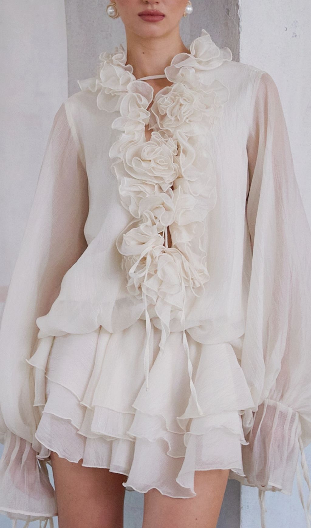 Zéphyrine Floral-Appliqué Tiered Mini Dress In Neutrals