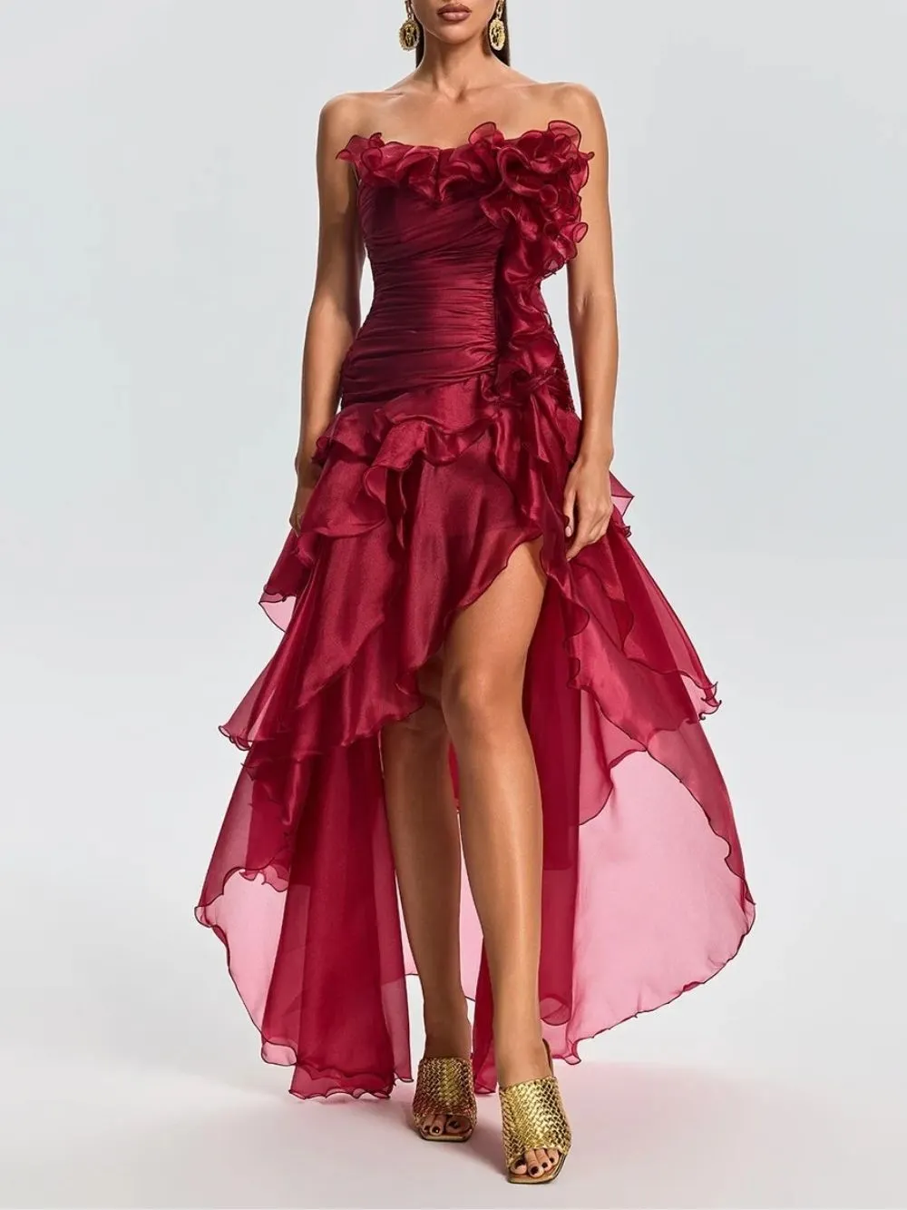 Quorvia Red Strapless Ruched Maxi Dress