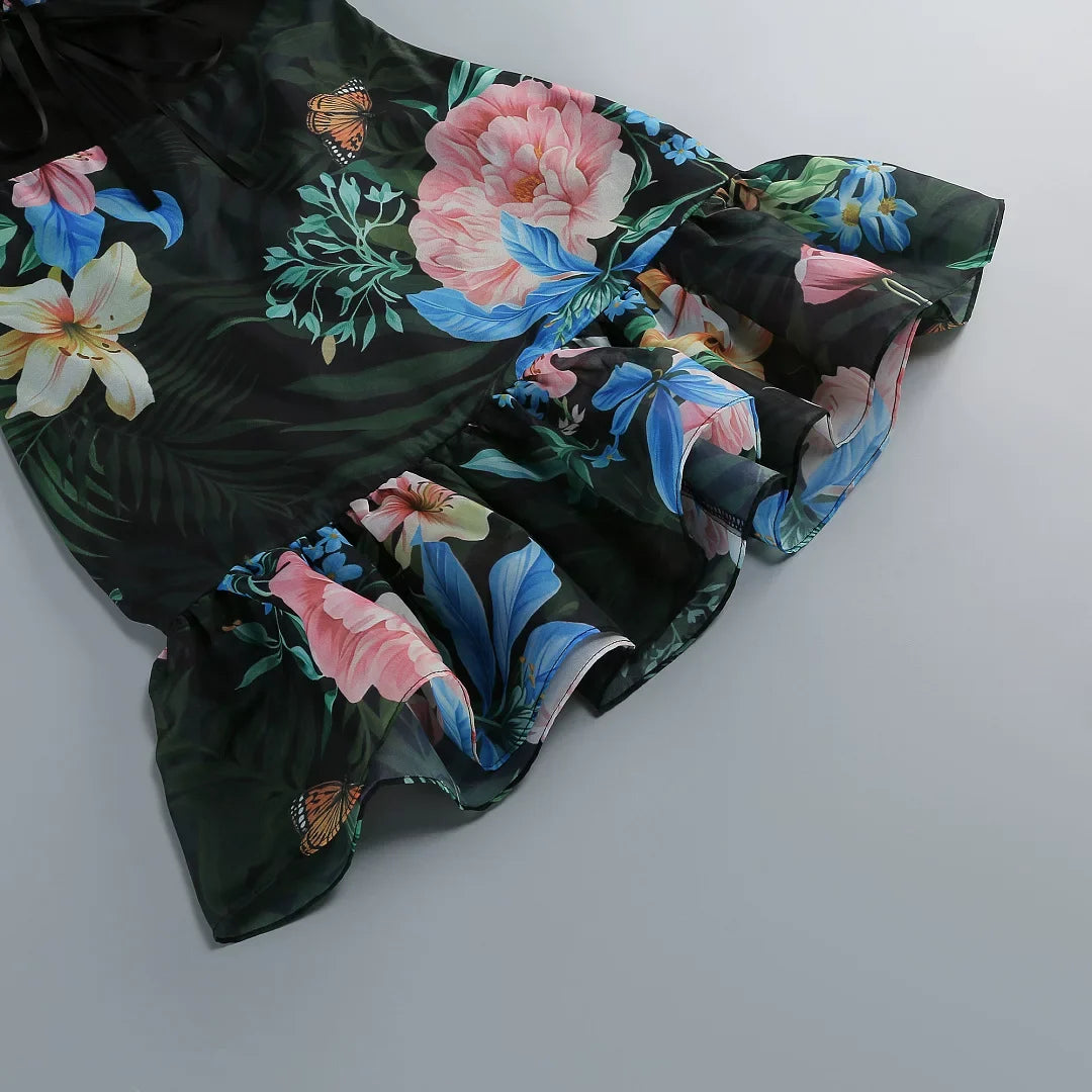 616e395c996f6f8bc99352fe07b9a721 Tropical Floral Cutout High Low Tiered Maxi Dress