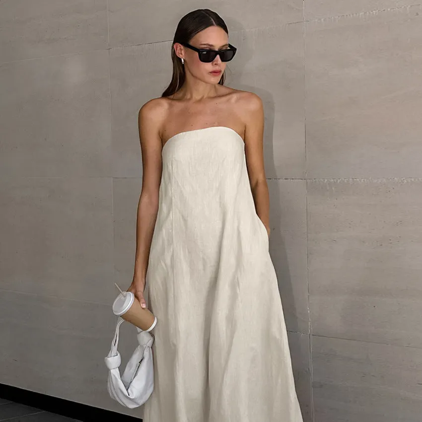 Cotton Linen Strapless A-Line Midi Dress