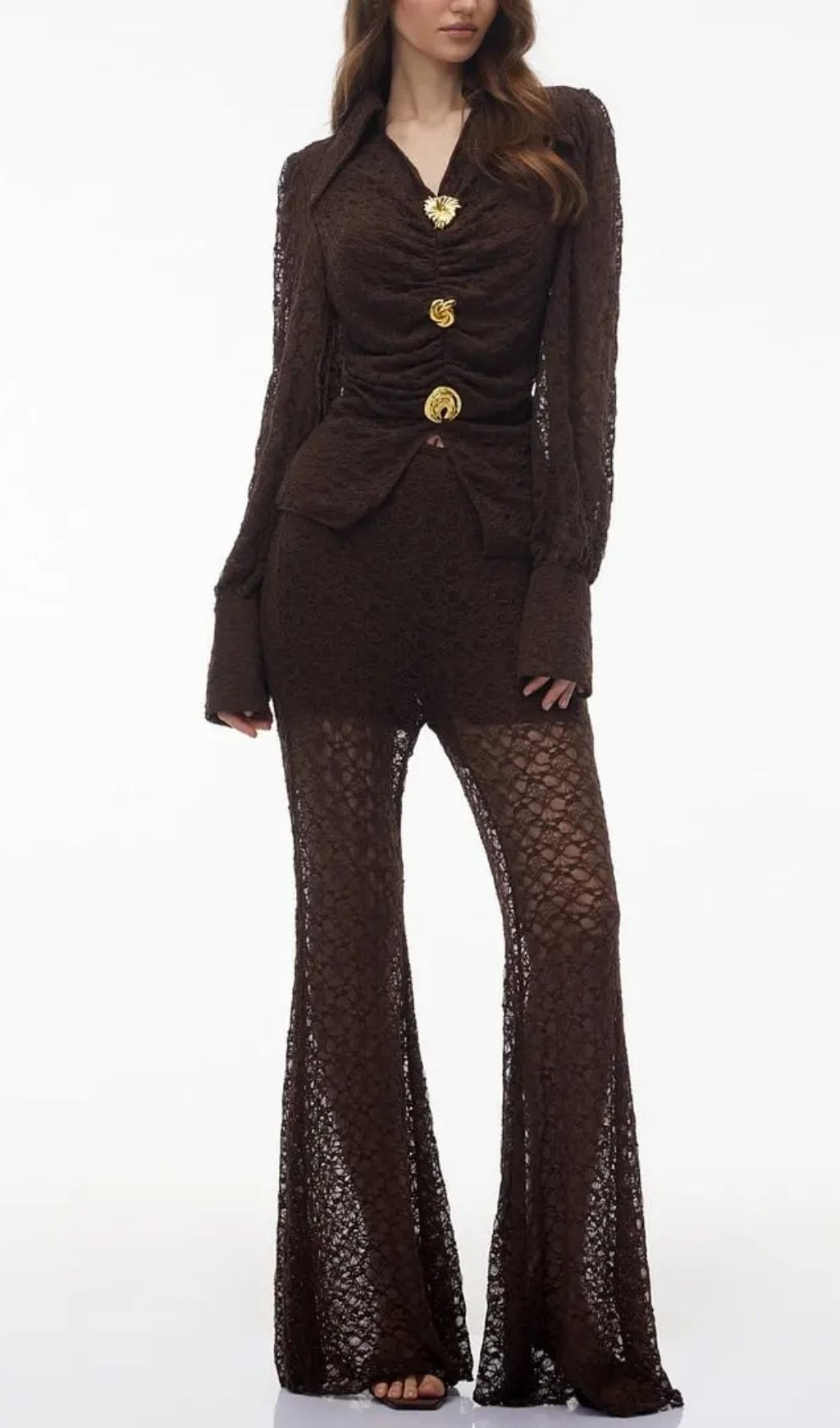 Karen Brown Floral Lace Hollow Top & Trouser Set