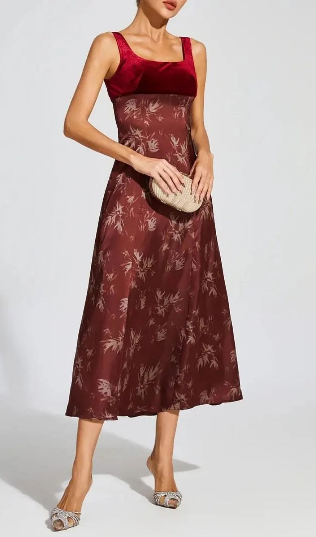 Lucy Retro Square Neck Print Suspender Midi Dress - Burgundy