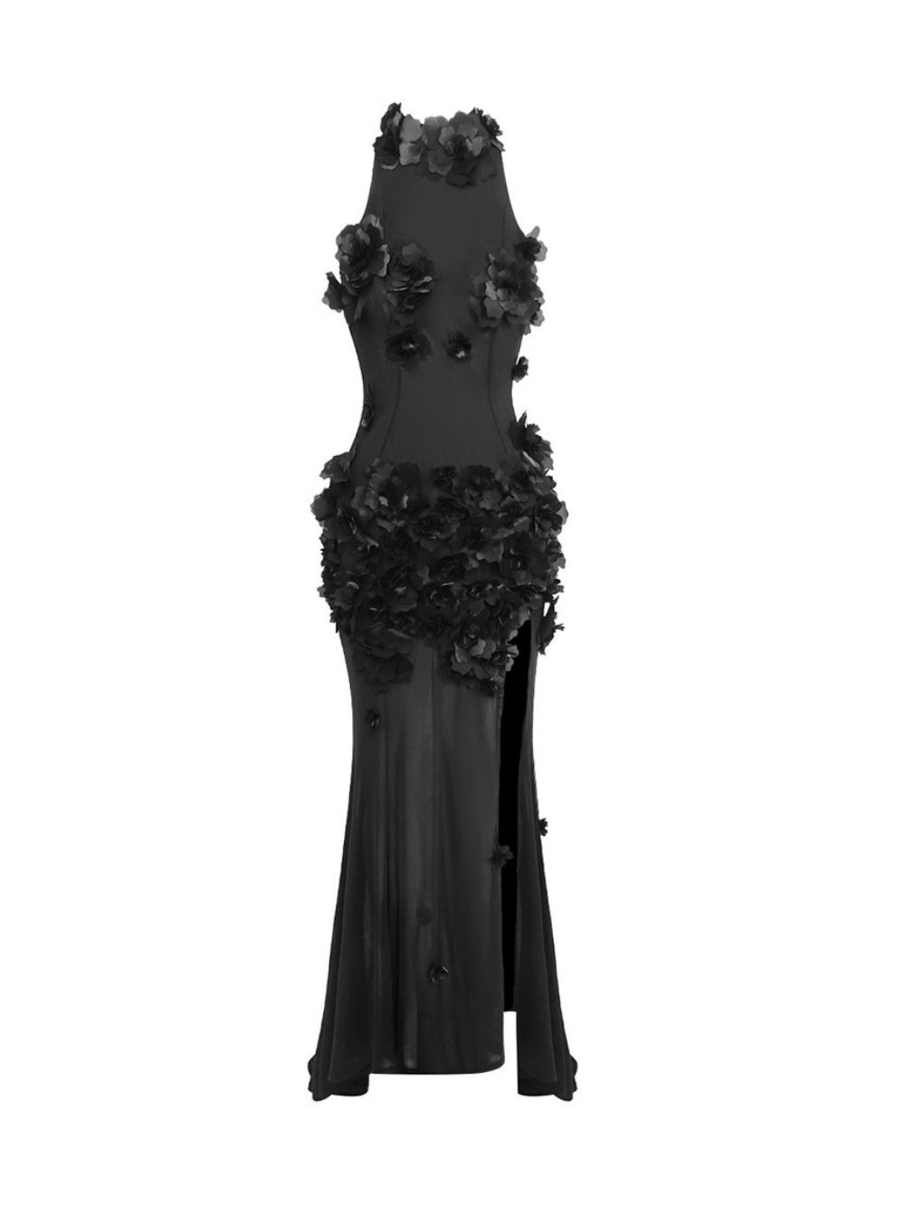 Fashionslee Women Madigan Black Halter Flower Embellished Maxi Dress