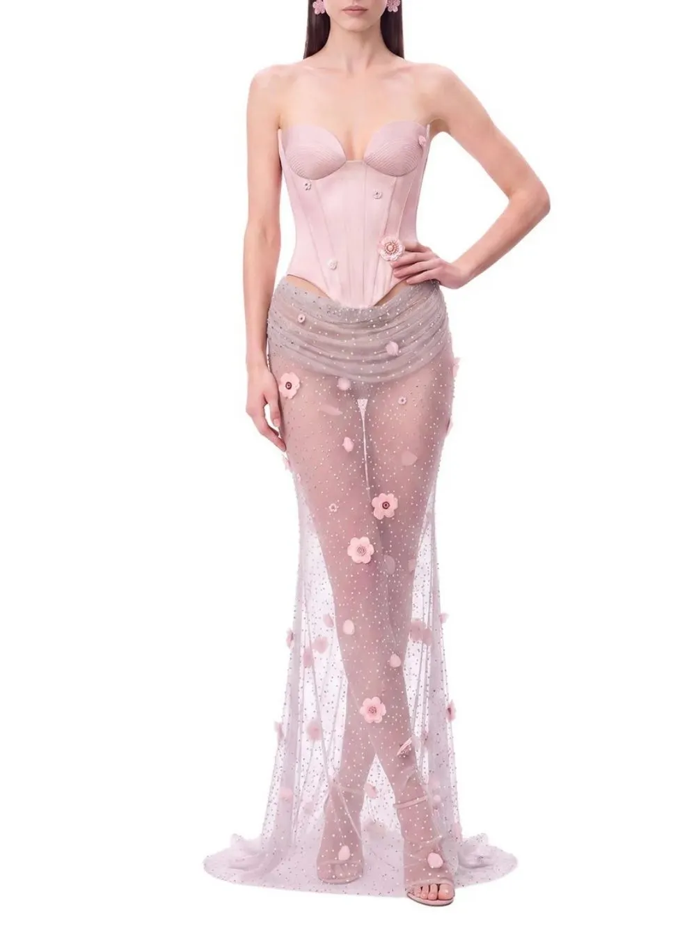 Fashionslee Women Belvire Strapless Flower Rhinestone Maxi Dress