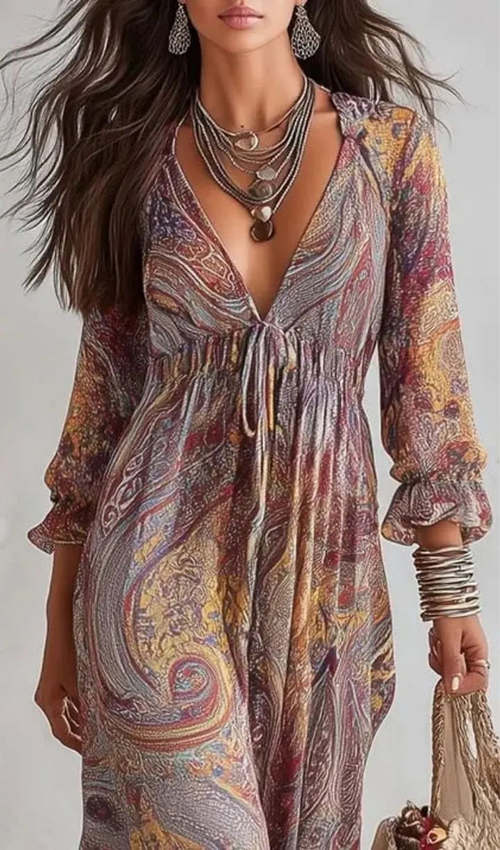 623a5e6ffb924685f43c7b1b15d46991.jpg Fashionslee Women Paisley Print V-neck Gathered Chiffon Maxi Dress