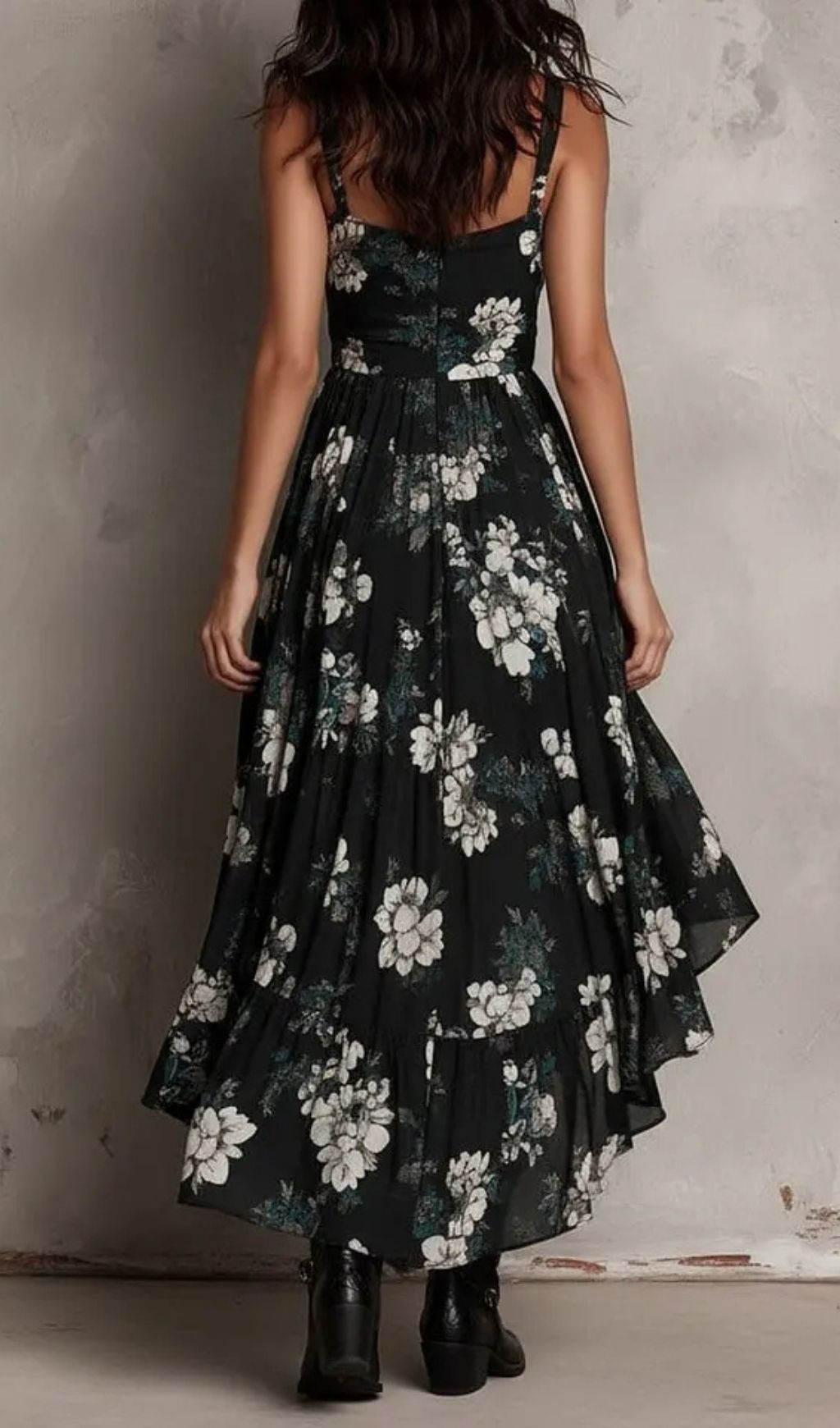 Fashionslee Women Black Bohemian Floral Print Irregular Strapless Maxi Dress