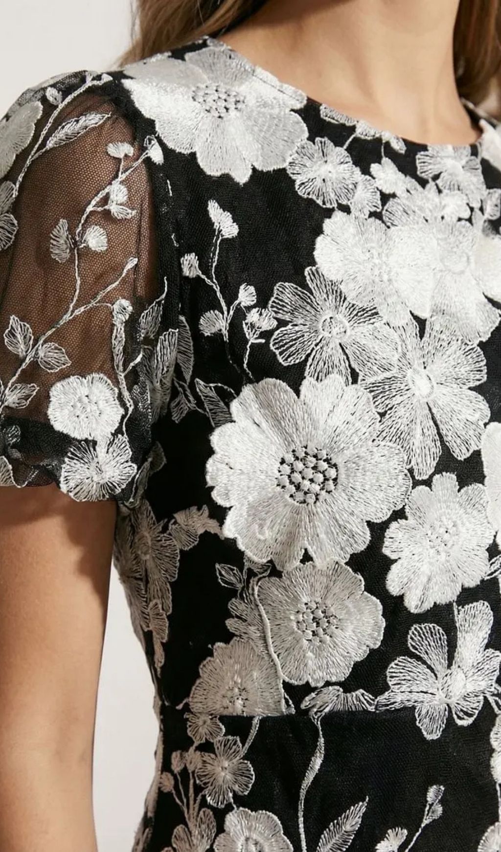 62bcc14b19e8ce5802a085c2d8cd5121 Black & White Floral Lace Midi Dress With Puff Sleeves