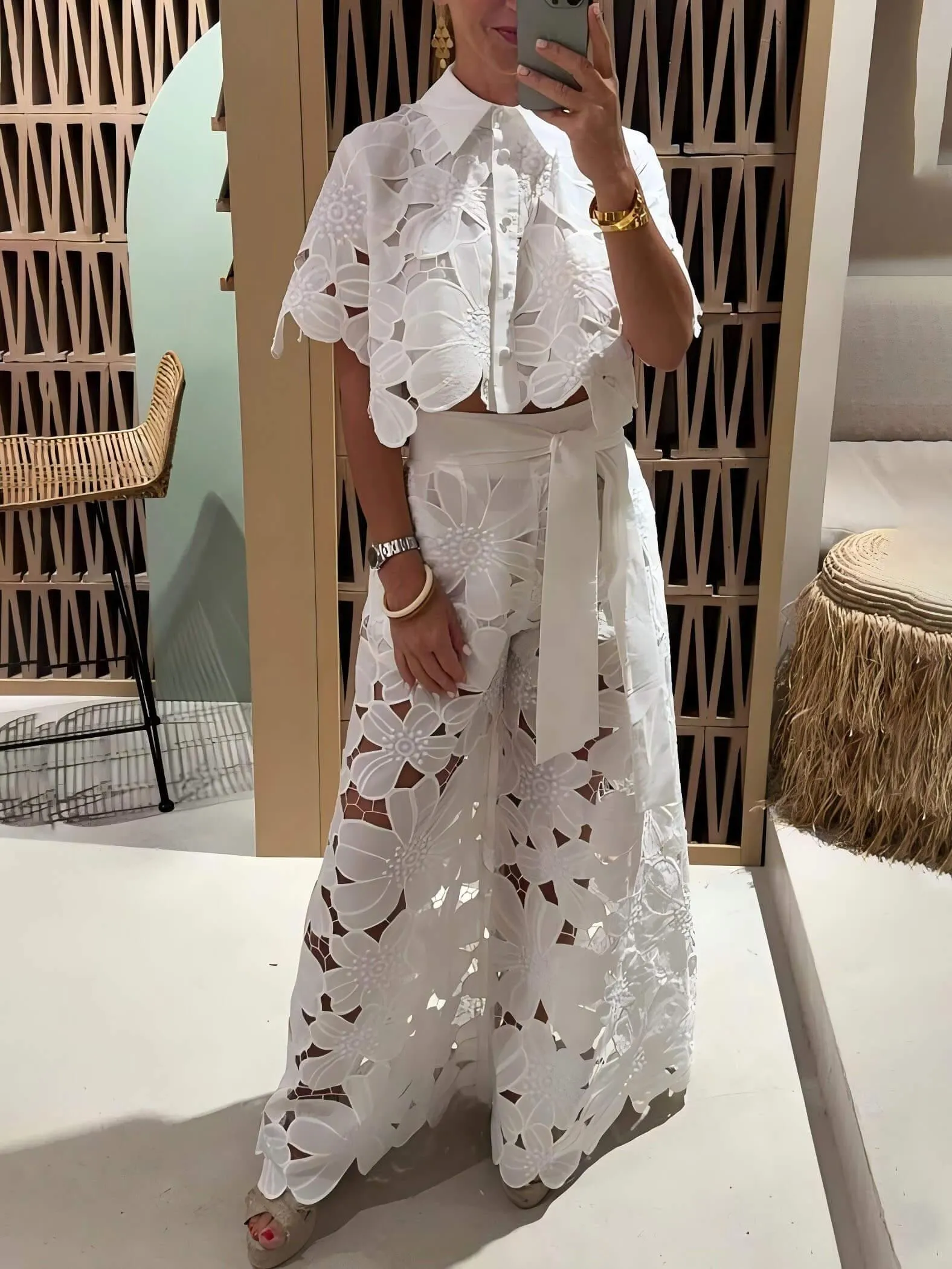 Exquisite Floral Embroidery Sexy Hollow Suit