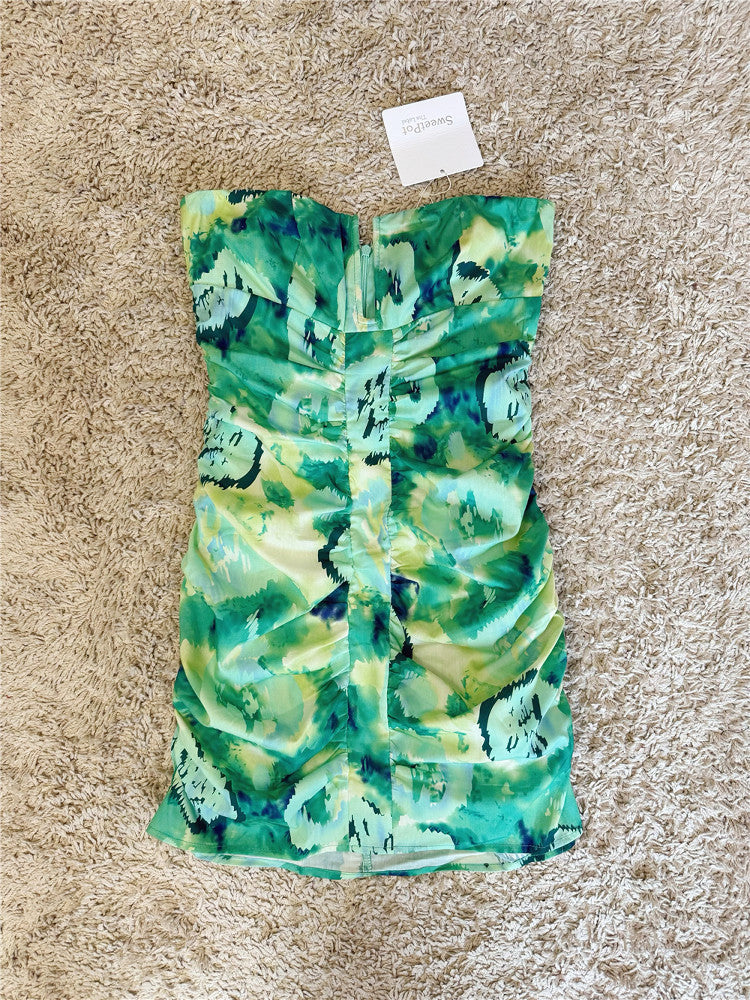 Tie-Dye Gradient U-Neck Pleated Wrap Body Bandeau Dress