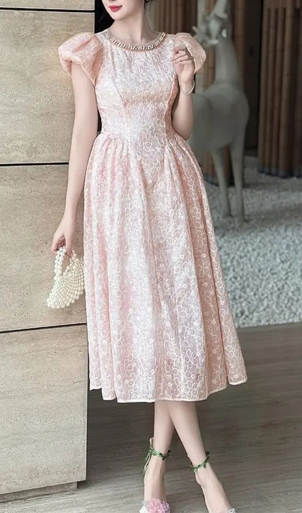 62d0514fe7cf9f5f7edca268c3f03831 Pearl Neck Puff Sleeve Flared Lace Midi Dress - Pink