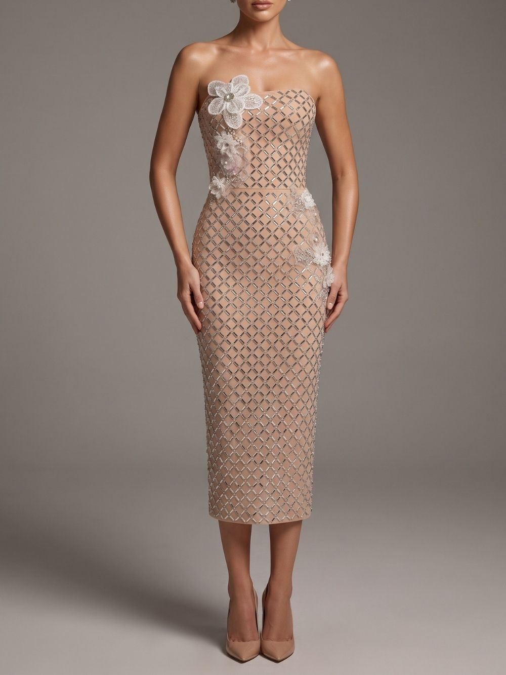 Malie Strapless Crystal Flower Embellished Midi Dress - OWNCI