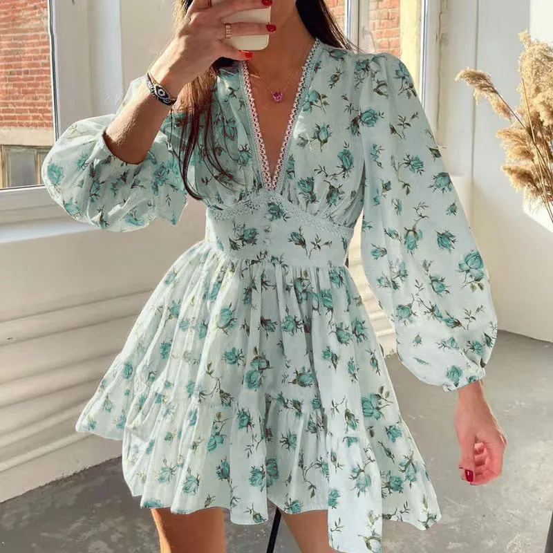 Printed V-Neck Puff Sleeve Lace Mini Dress - OWNCI Printed V-Neck Puff Sleeve Lace Mini Dress - OWNCI