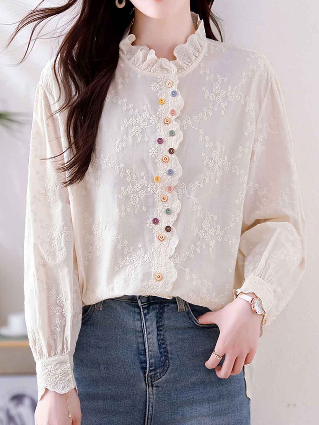 62ea2d7ad976bb05988d38bb0574ce62 Xaviera Classic Ruffle Collar Hollowed Embroidered Top