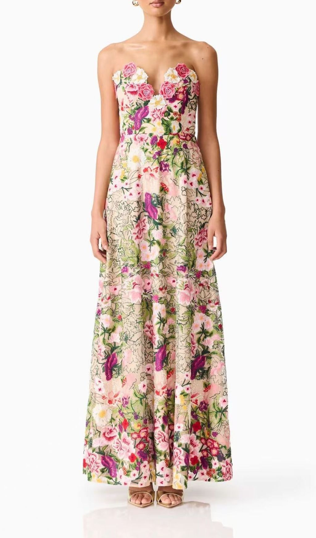 Fashionslee Women Macarena Strapless Flower Embroidery Maxi Dress