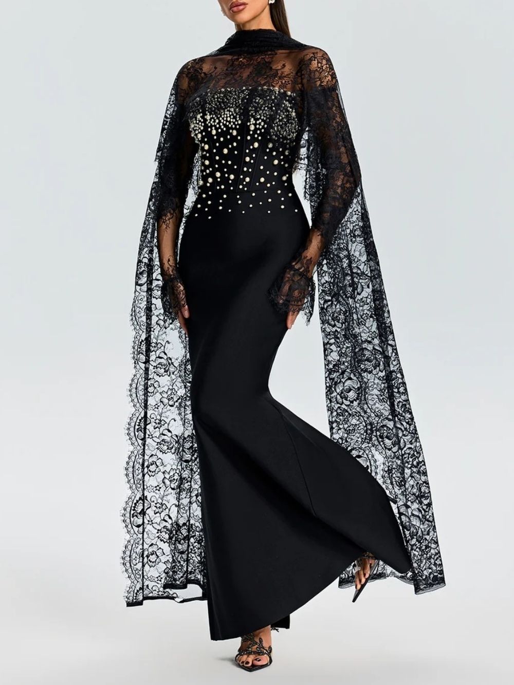 Evynne Cape Pearl Lace Maxi Dress
