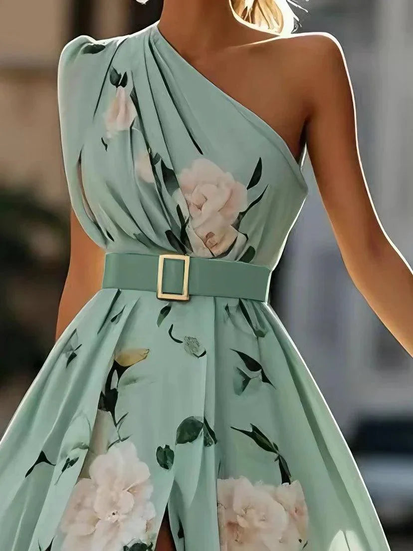 636978920d64e2516f73f1da7d2819e4 Light Green Floral Ruched One Shoulder A-Line Maxi Chiffon Dress
